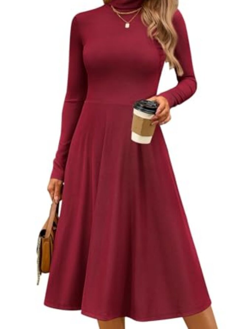 CFLONGE Womens Long Sleeve Turtleneck Dress Midi A Line Fall Dresses
